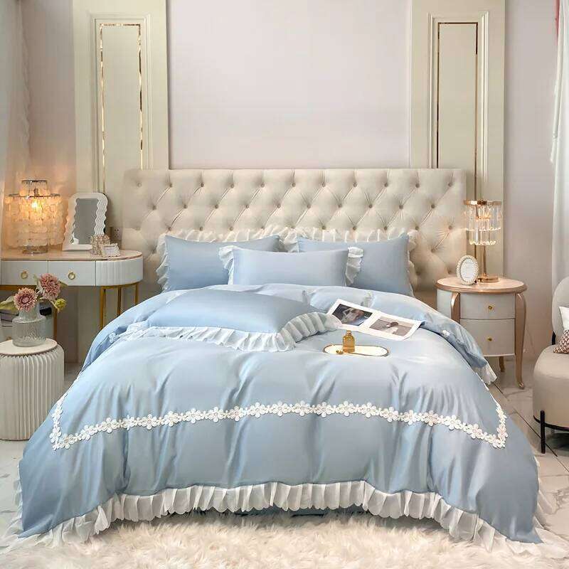 2025 new washed silk lace princess style bed sheet quilt solid color household four-piece set H260312
