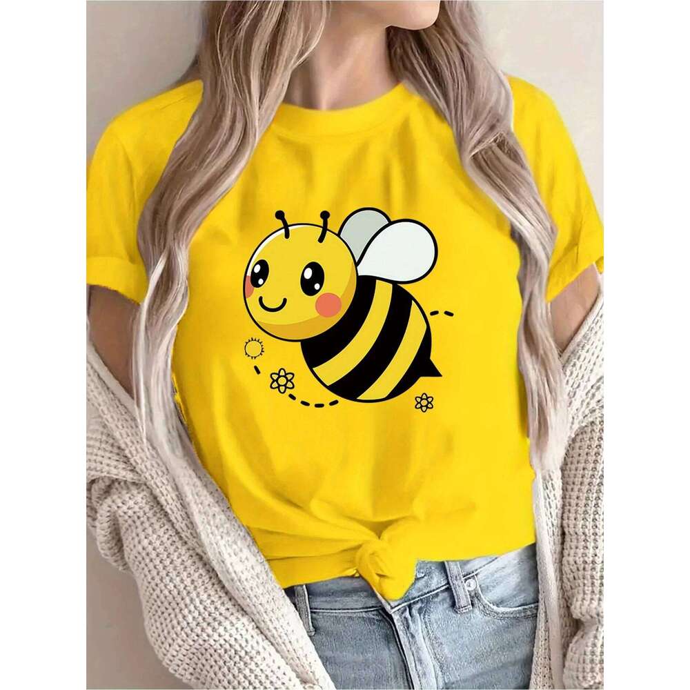 Women's Casual Short Sleeve T-Shirt Cute Cartoon Bee & Floral Print Breathable Round Neck Tee for Spring/Summer Z260312