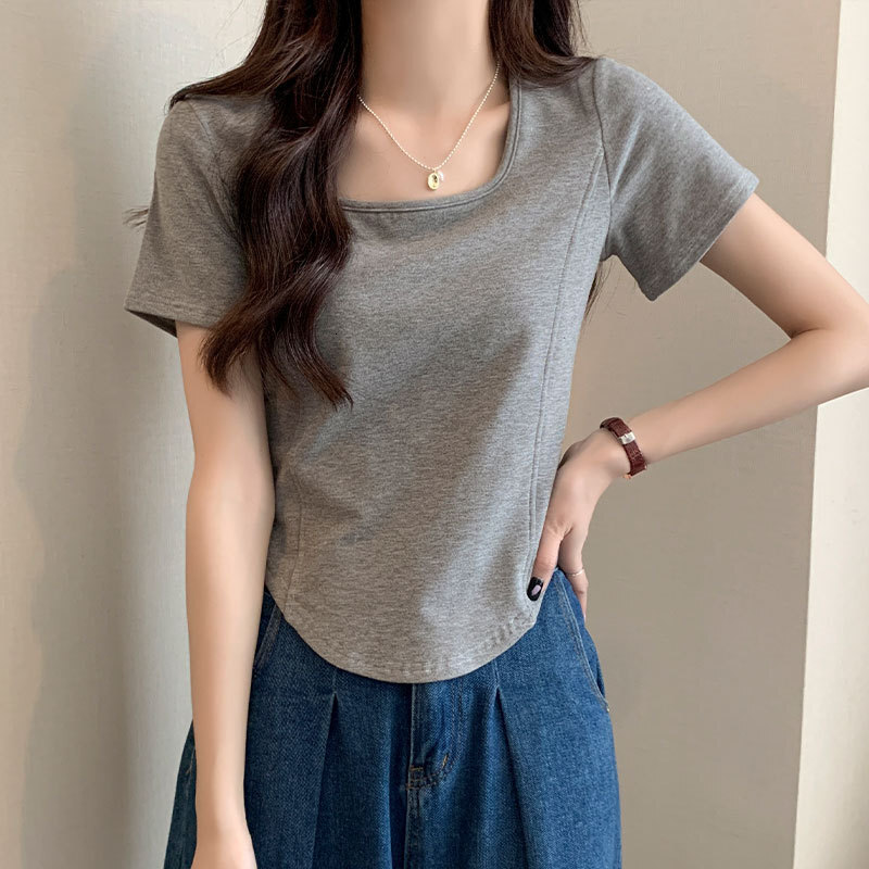 Off-shoulder Square Designer Shirt Neck Short Sleeve T-shirt Designer Hoodie Women's Polo Shirt Solid Color Summer New Fashionable Youthful Fishb