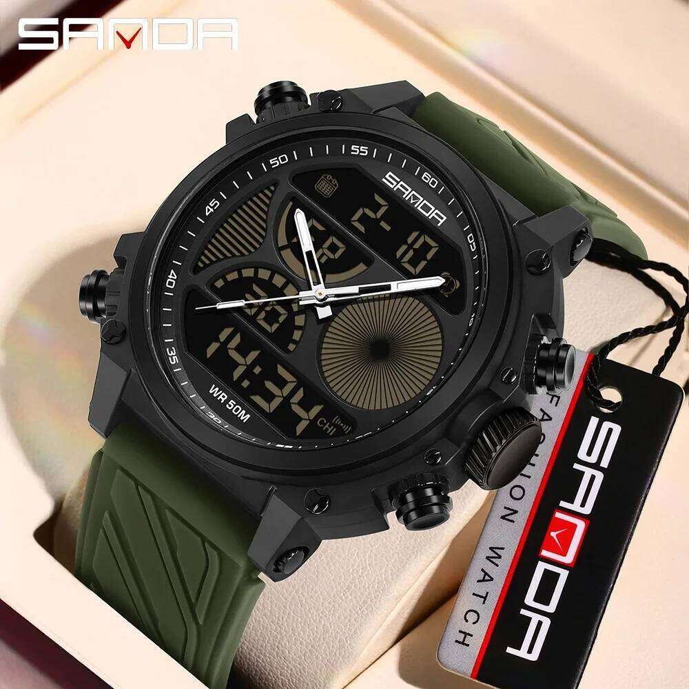 SANDA 6236 New Electronic Watch Sport Fashion Large Dial Dual Screen Multi functional Waterproof LED Night Light Men Watche