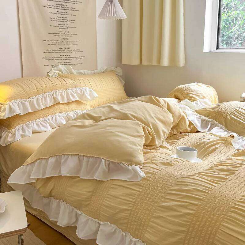 Ins Style Korean Bedding Lace Seersucker 4-piece Bed Sheet Set Quilt Solid Duvet Cover For Girl Spring Decor Home H260312