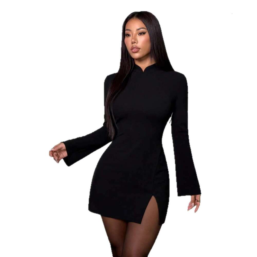 2026 Spring New European and American Style Women's Dress, Elegant, Sexy, Slim-Fit, Basic, Slit, Half-High Collar Dress for Women