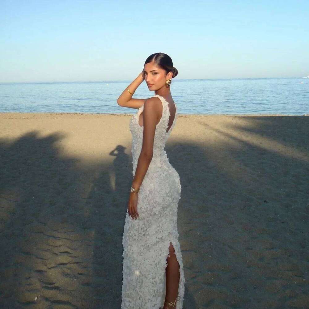 Mingmingxi Elegant Flower Applique Party Dresses 2024 New Arrivals V Neck Bodycon Mesh Sexy Long Maxi Dress Women C260311