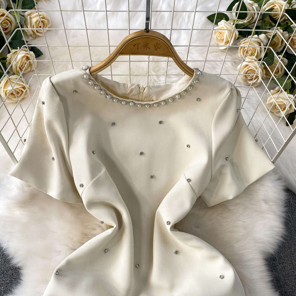 Luxury cross-border social heavy bead diamond accessories round neck women's summer a22 dress with high-end texture