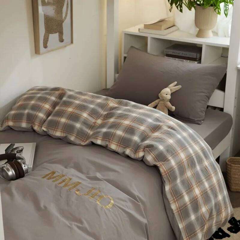 2025 new college washed cotton embroidered student bed sheet quilt cover three-piece set four-season universal H260312