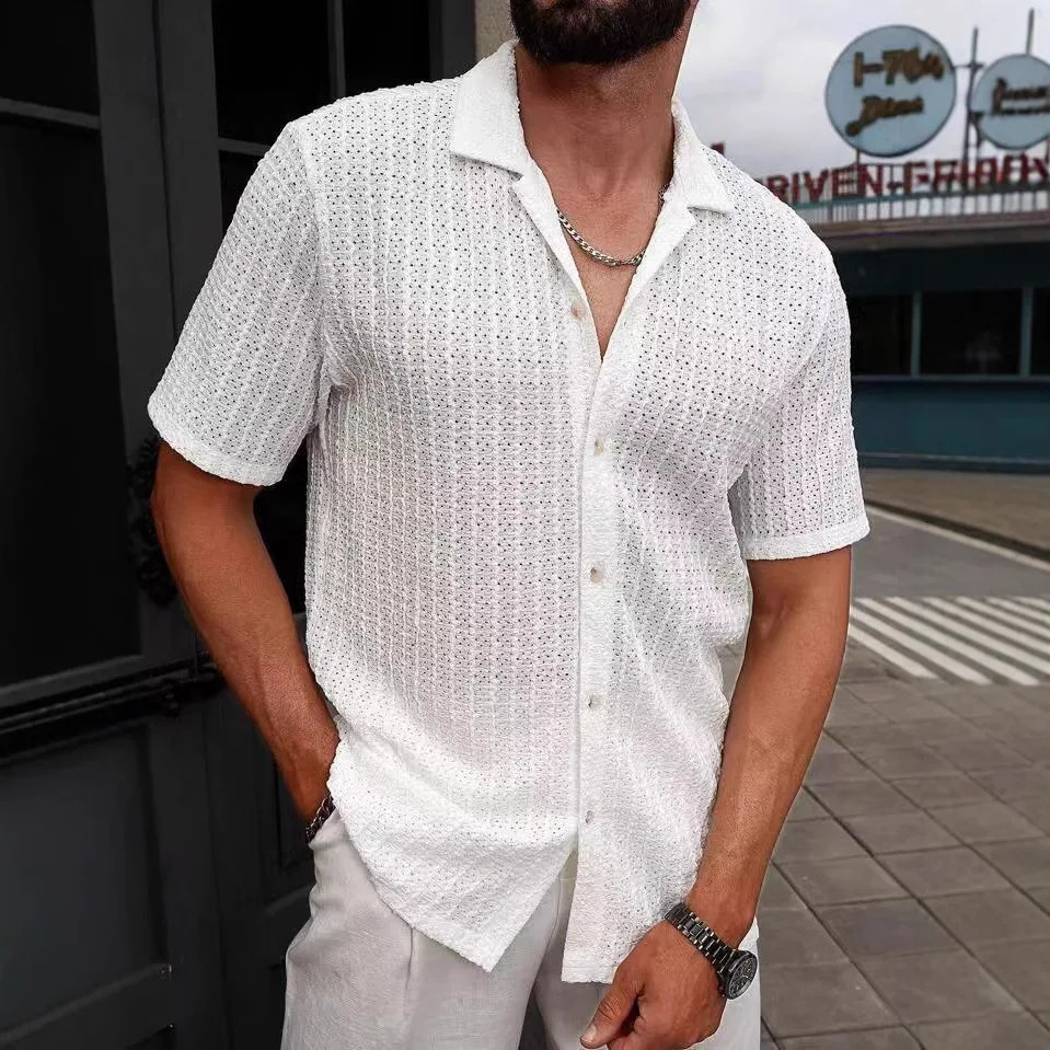 European and American Mens Breathable Hollow Shirt Summer Mens Casual Knitted Shirt Short Sleeved Shirt Short Sleeved Top 260311