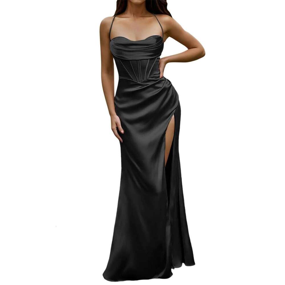 Green Women's Lace Up Backless High Slit Corset Maxi Dress Elegant Vestidos Slim Fishbone Formal Dresses For Wedding Guest C260312