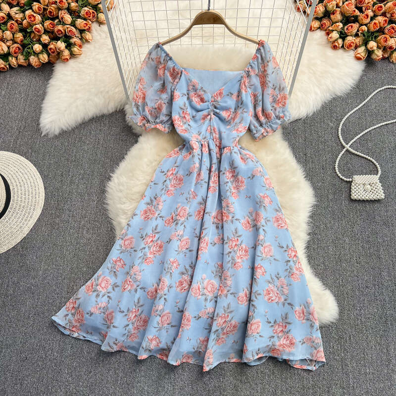 Summer new gentle a22 and elegant mid waist V-neck floral chiffon dress, super fairy like first love orange tone