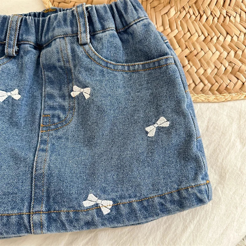 deer jonmi Summer Korean Style Baby Girls Denim Shorts Bowknot Embroidery Chic Toddlers Kids Skirt 260311