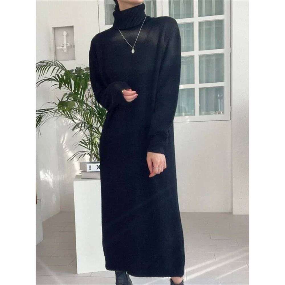 REALEFT Autumn Winter Turtleneck Women's Sweater 2024 New Sleeve Solid Warm Knitted Casual Long Dresses Female C260312