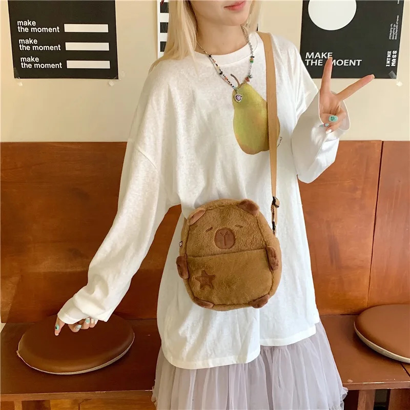 Cute Cartoon Capybara Crossbody Phone Bags for Girls Plush Lightweight Small Shoulder Bag Zipper Chest Children 260311