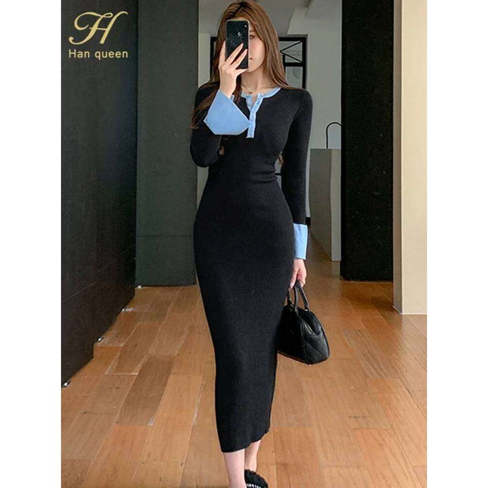 H Han Queen Women's Winter knit Sweater Simple Splicing Bodycon Knitted Dresses Elasticity Casual Party Pencil Sheath Dress C260312