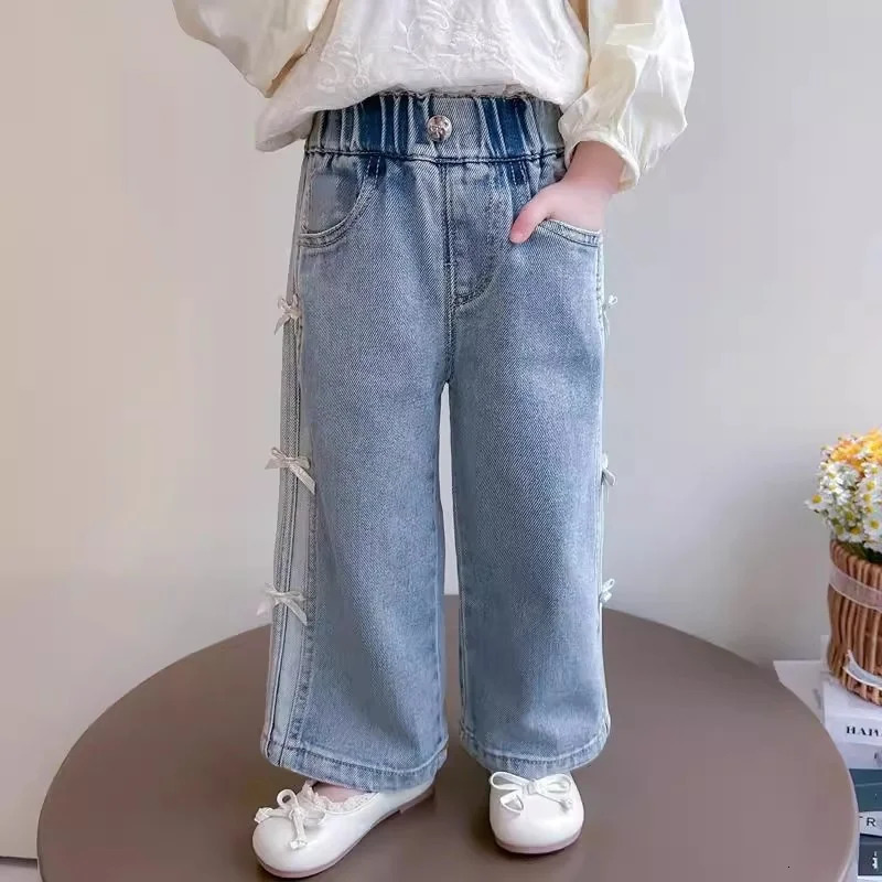 Baby Girls Bow Jeans Kids Spring Autumn Loose long Pants Childrens Straight Wideleg Trousers Toddler Casual Clothing 260311