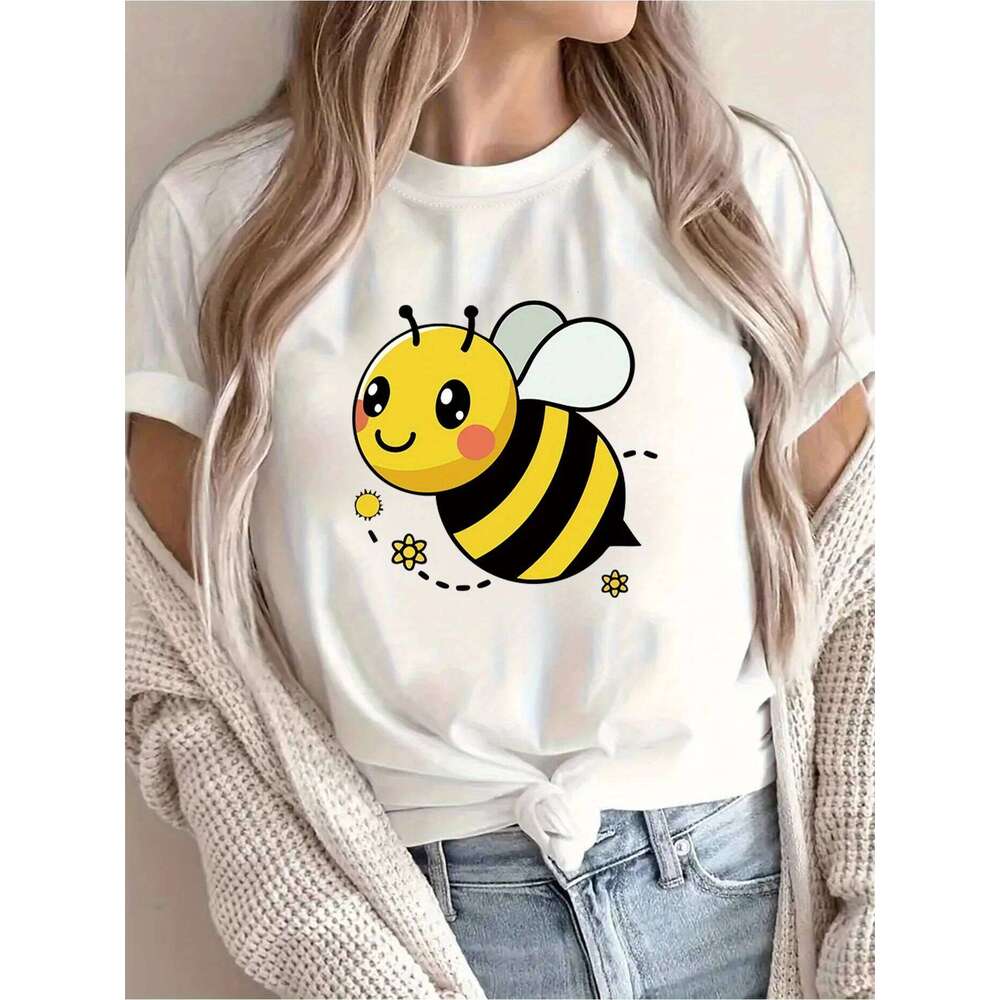 Women's Casual Short Sleeve T-Shirt Cute Cartoon Bee & Floral Print Breathable Round Neck Tee for Spring/Summer Z260312