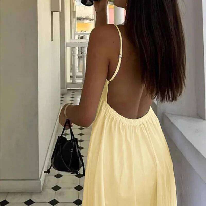 New Dresses 2025 Woman Fashion Summer Sexy Backless V-neck Skirt Holiday Solid Colours Top Clothing C260311