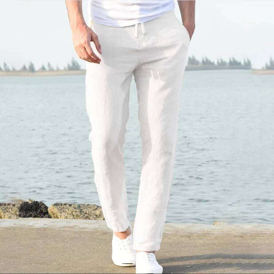 Men's Trousers Cotton Linen Fashion Casual Solid Color Breathable Loose Shorts Straight Drawstring Pants Streetwear Men