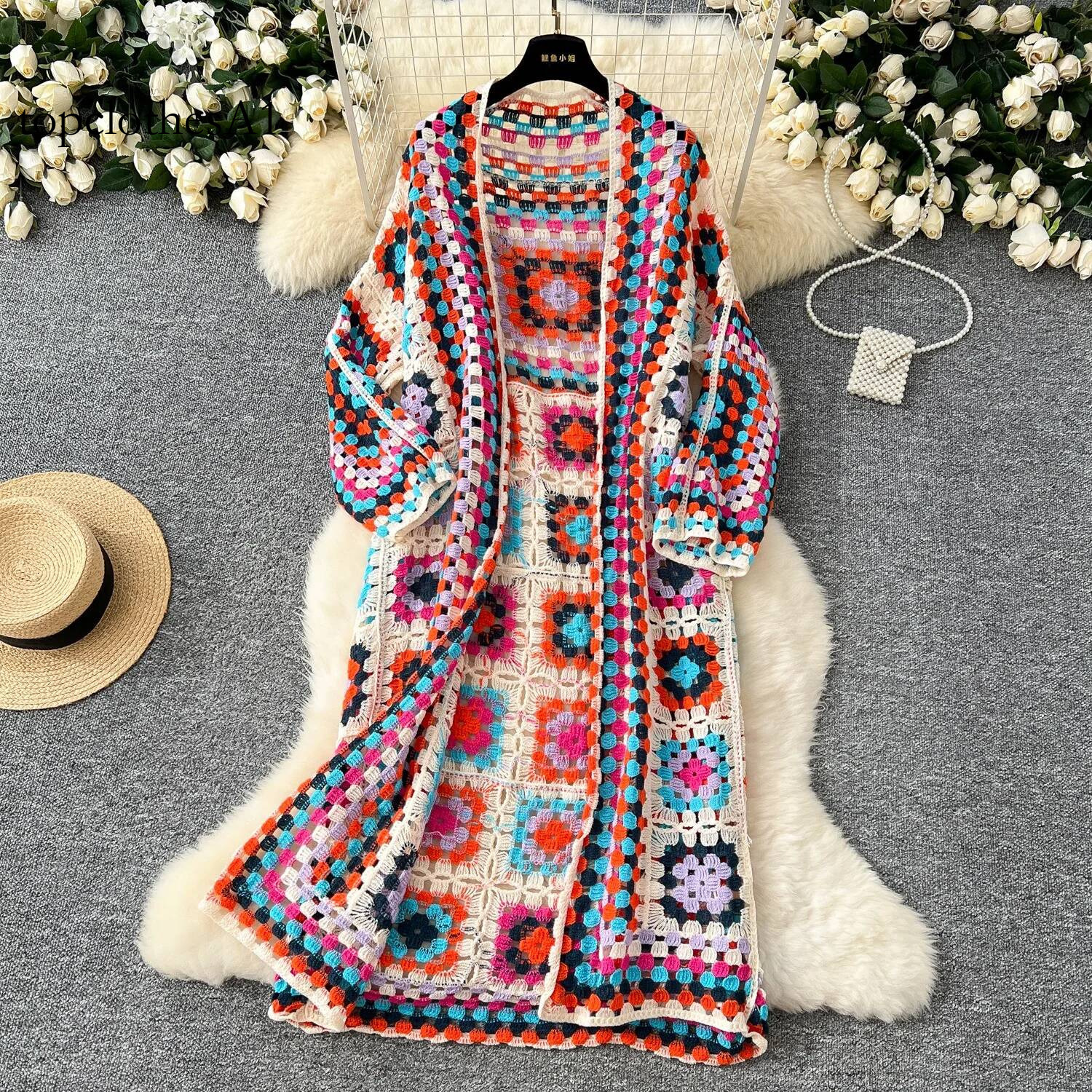 SINGREINY Summer Holiday Beach Long Cardigans Spring Fashion Vintage Floral Knit Cardigan Streetwear Loose Hollow Out Overcoat