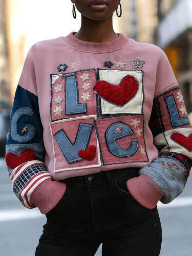Women's Valentine's Day Knit Sweater Sweet Letter Heart Jacquard Long Sleeve Round Neck Pullovers Tops Autumn Spring Knitwear