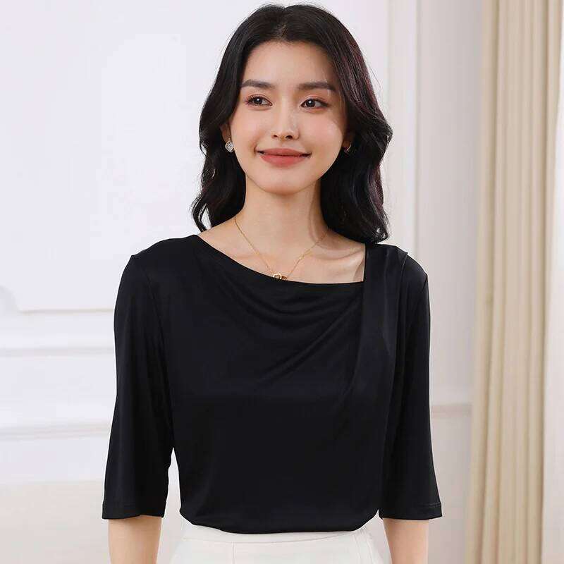 2026 Summer New T-Shirt Knitted Short Sleeve High End Acetate Fiber White Fashion Women's Top MAKOUFEI