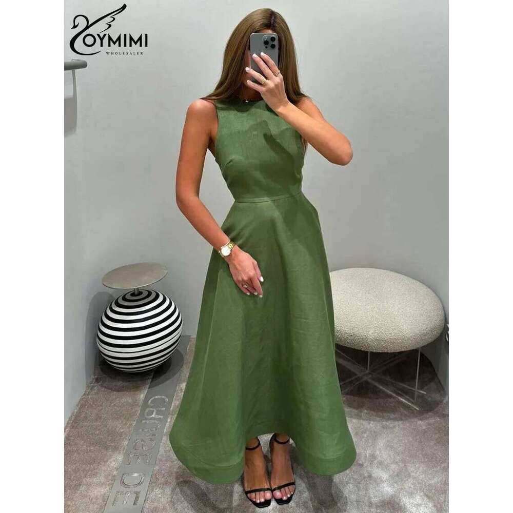 Oymimi Elegant Green Cotton Women's Dress Fashion O-Neck Sleeveless Casual New High Waist A-Line Mid-Calf Dresses Female C260312