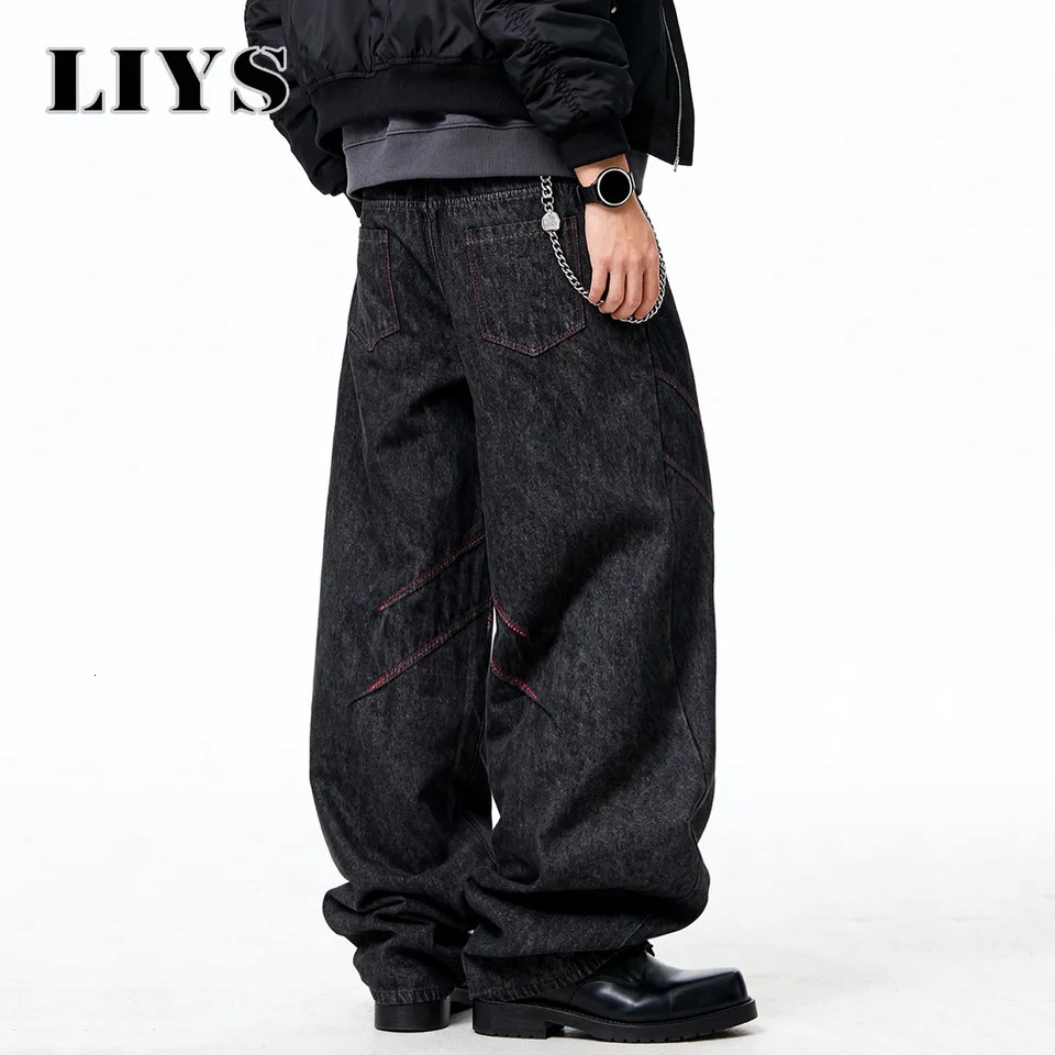 Four Seasons American Retro Mens Black Baggy Wide Leg Jeans Basic Style Business Casual Loose Denim Pants Unisex Street Jeans 260310
