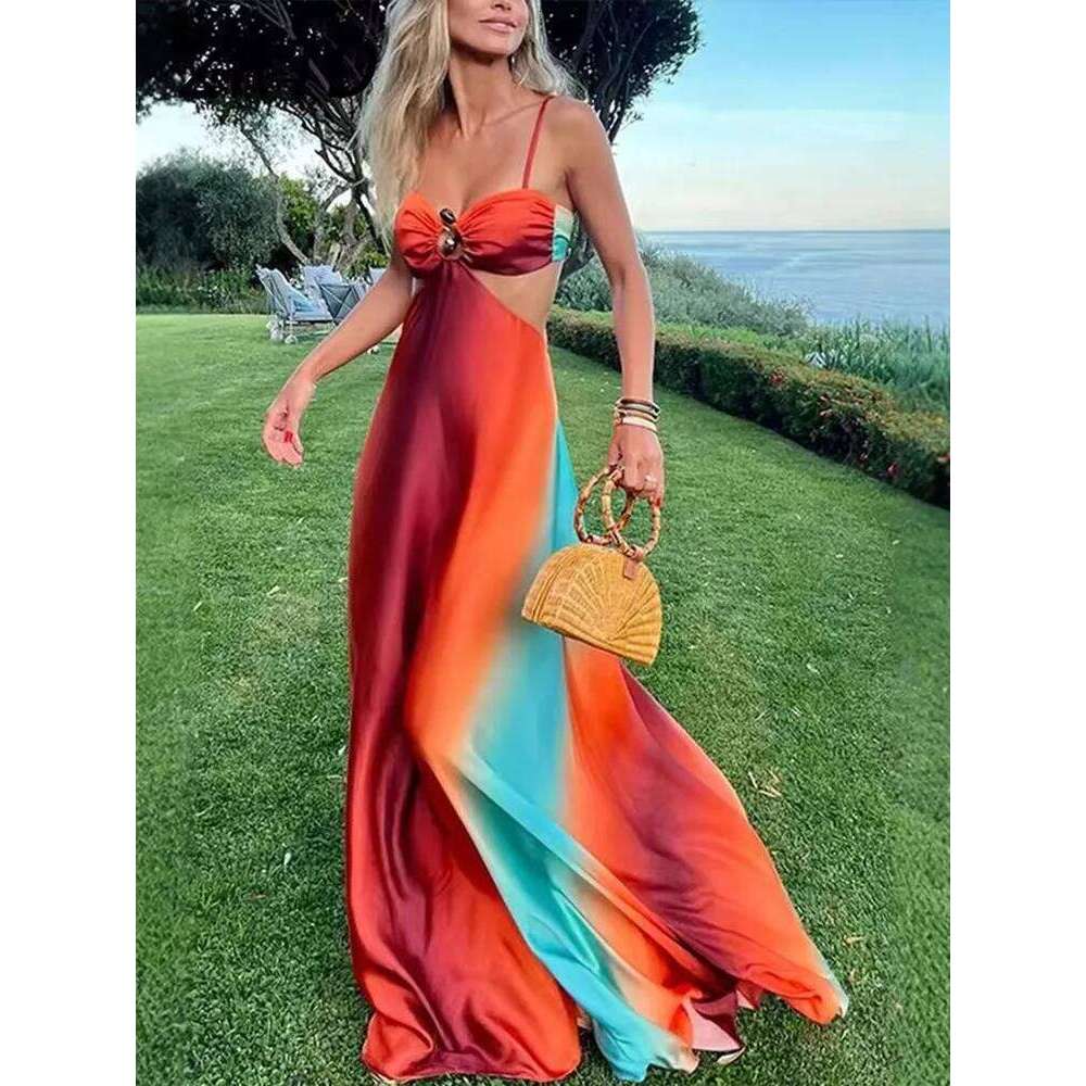 Sexy Gradient Hollow Out Maxi Dress Women Backless Sleeveless Sling Long Dresses 2025 Summer Vacation Boho Beach Satin Robes C260312