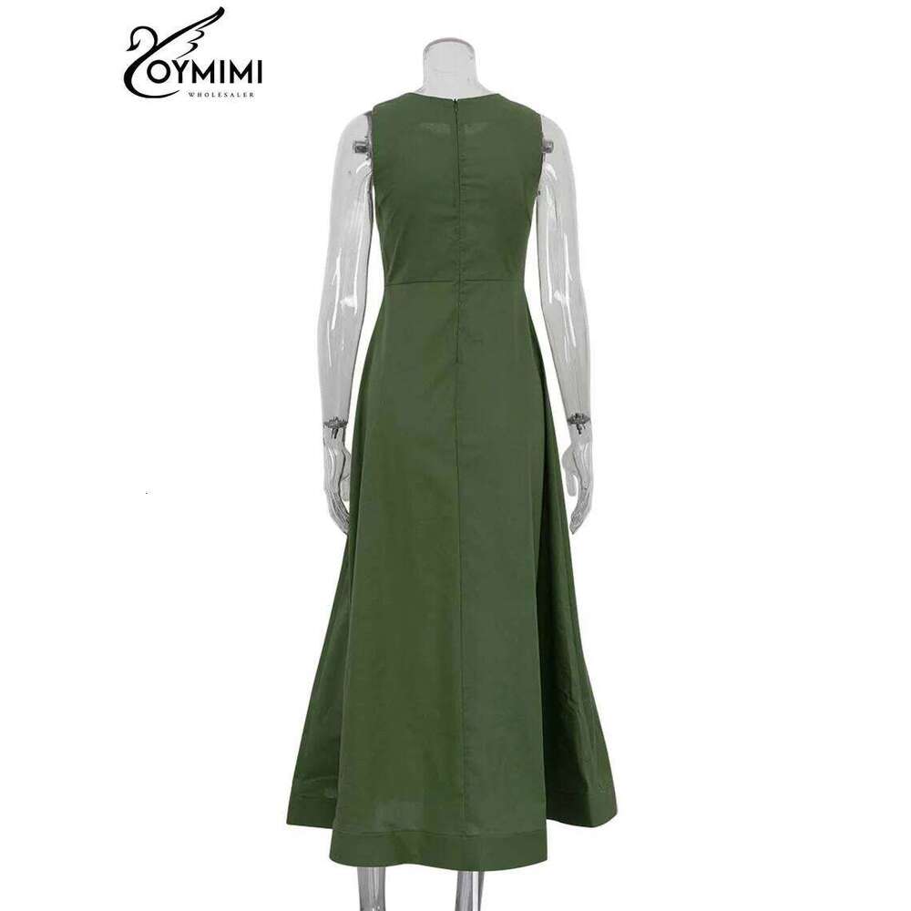 Oymimi Elegant Green Cotton Women's Dress Fashion O-Neck Sleeveless Casual New High Waist A-Line Mid-Calf Dresses Female C260312