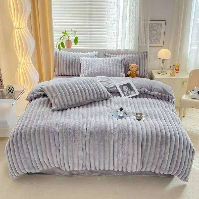 High Grade Rabbit Velvet 4pcs Bedding Set Winter Warm Soft Thick Plush Quilt Cover Coral Fleece Bed Sheet and Pillowcase H260312