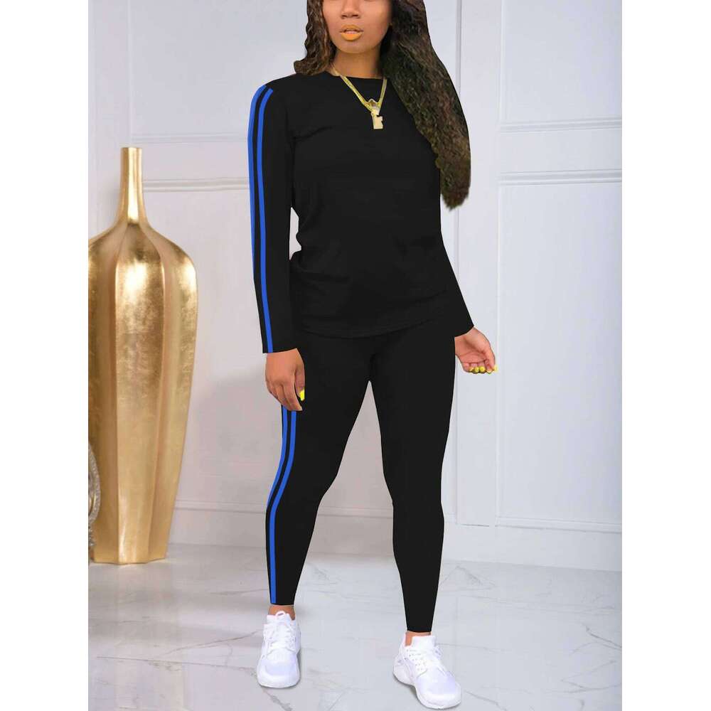 Spring Summer Women's Two-Piece Set Side Stripe Long Sleeve Pants Yoga Sportswear round Neck Breathable Casual Home Clothes C260312