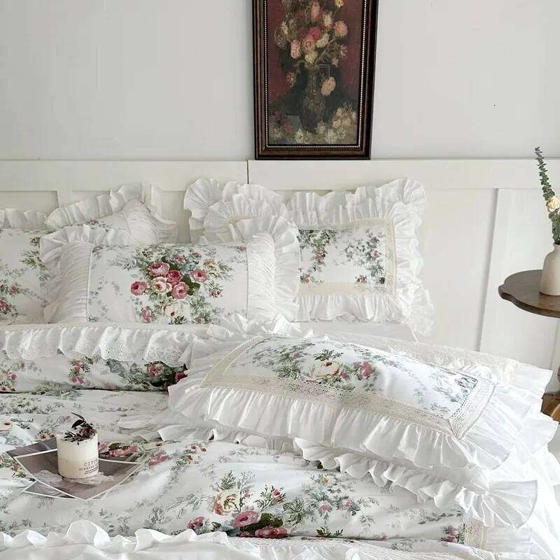 Ruffle patchwork 3Pcs Floral 100%cotton White Duvet Cover Set +2Pillowcases US/UK Super King size Bedding Sets H260312