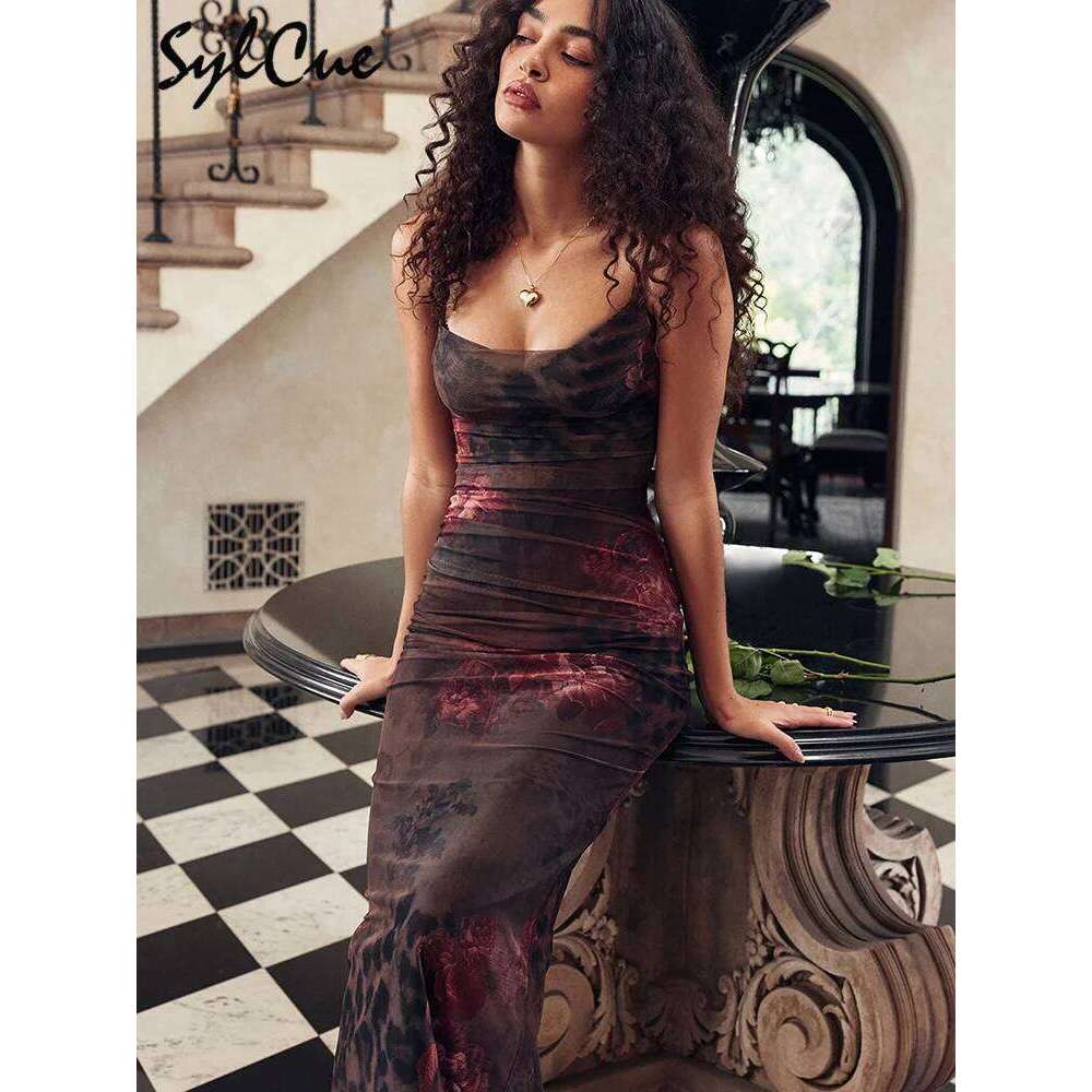Sylcue Red Printed Design Summer Party Queen Intellectuality Elegant Mature Light Cool Soft Women'S Long Dress With Suspenders C260311
