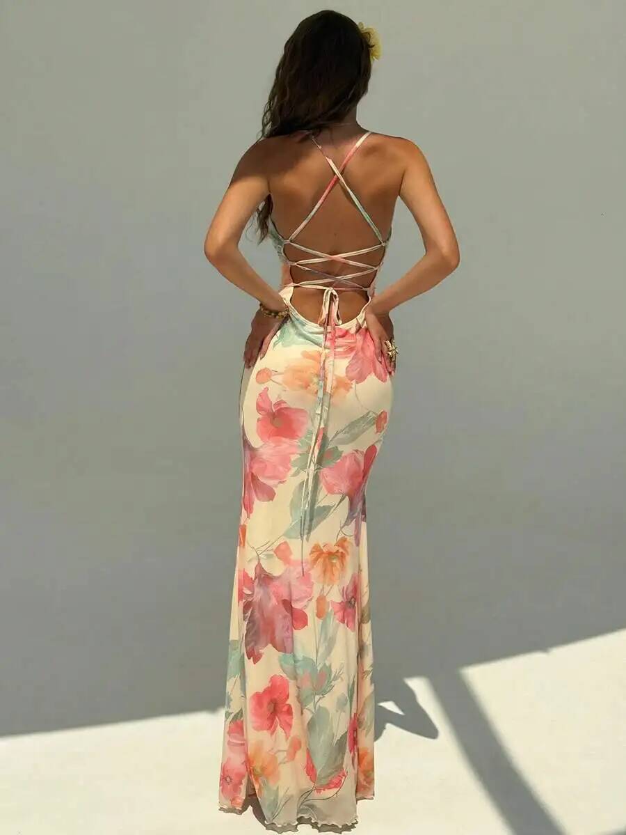 Women's Floral Print Backless Wrap Dress with Crisscross Straps, Summer Beach Resort Wear dongdumaoyi