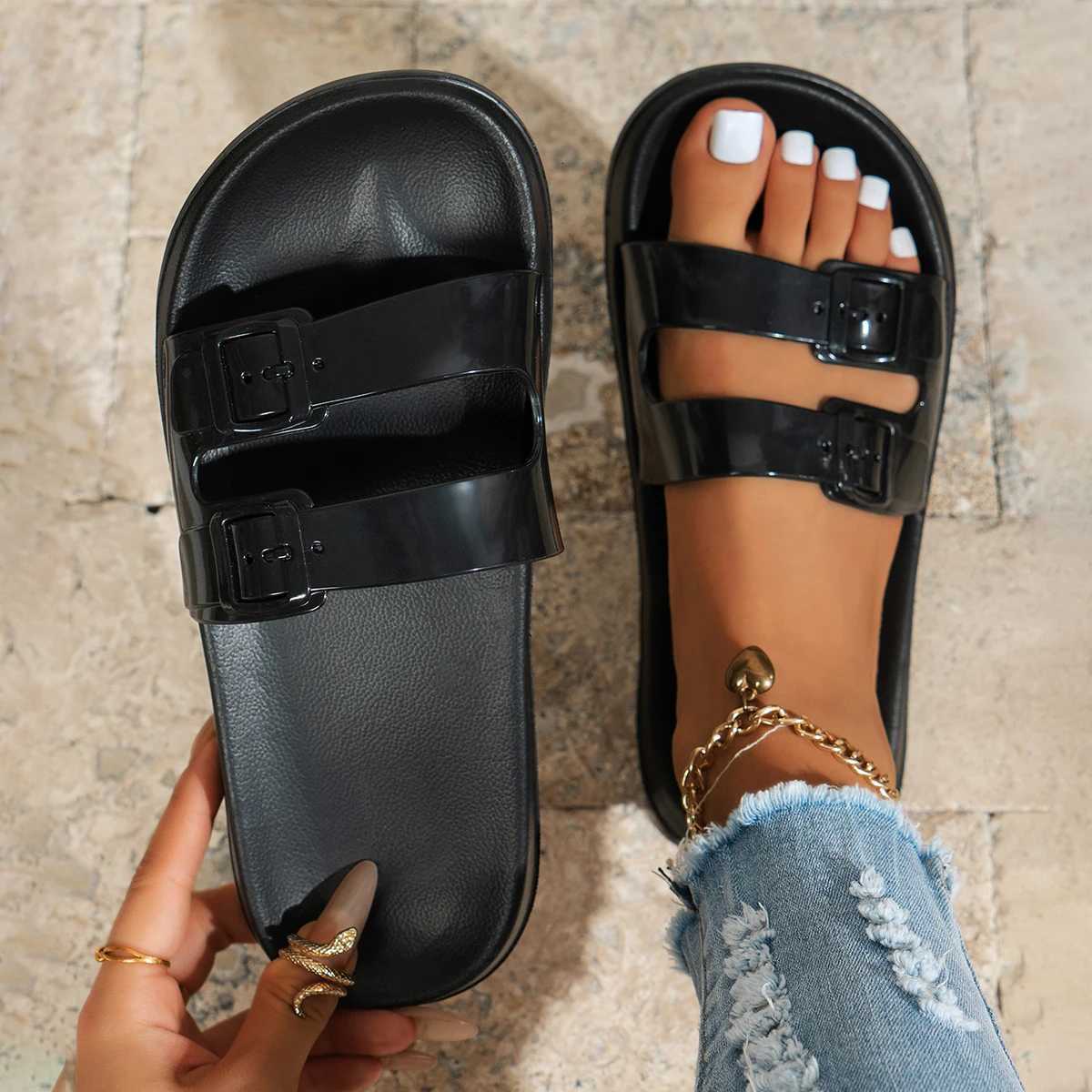 Women Summer Double Strap round Head Flat Sandals Slippers for Home Indoor Wear Comfortable Slip-On Slippers K260312