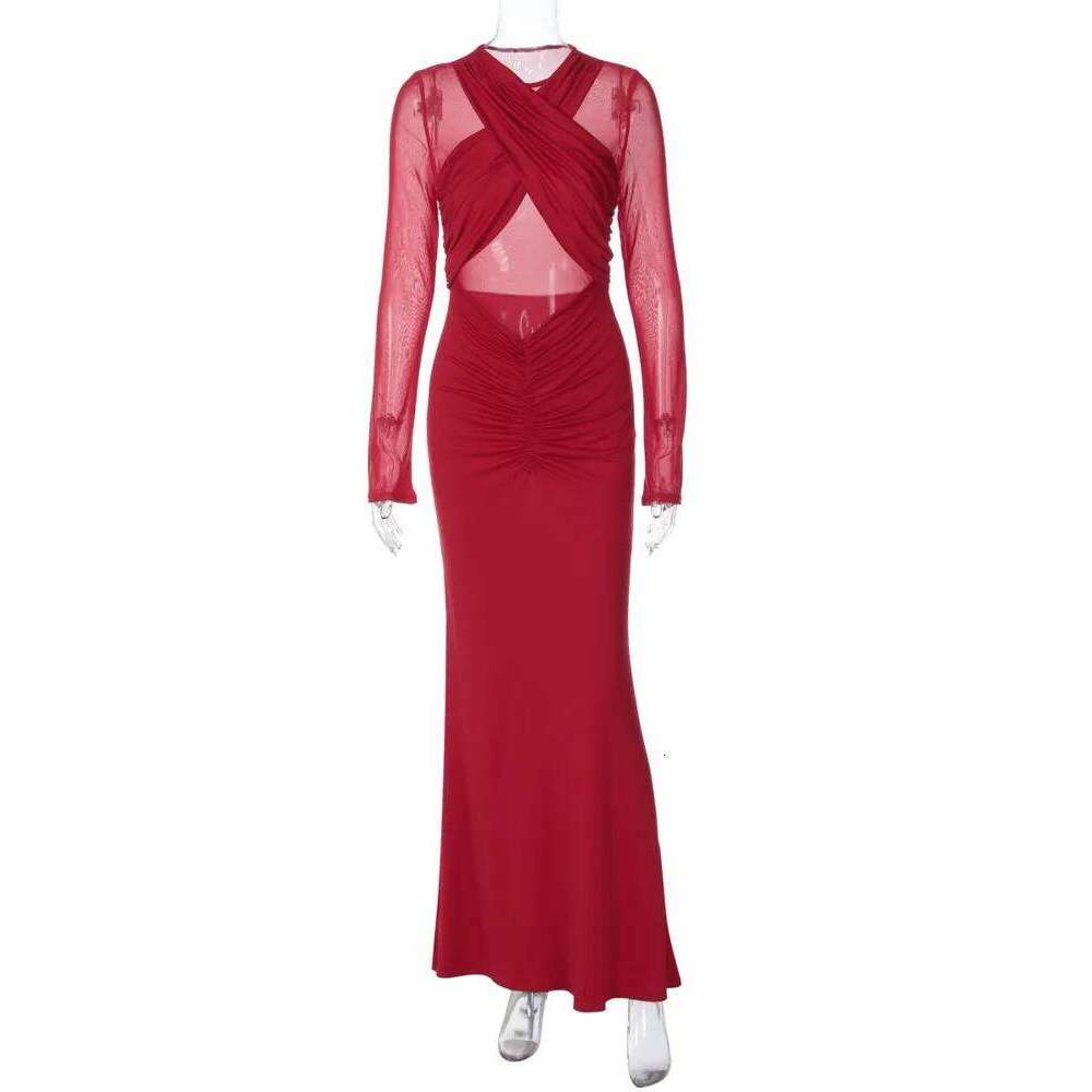 XIAOTANG Mesh Hollow Out Sleeve Sexy Maxi Dress Women Gown Elegant O Neck Ruched Bodycon Club Party Long Dresses Female C260312