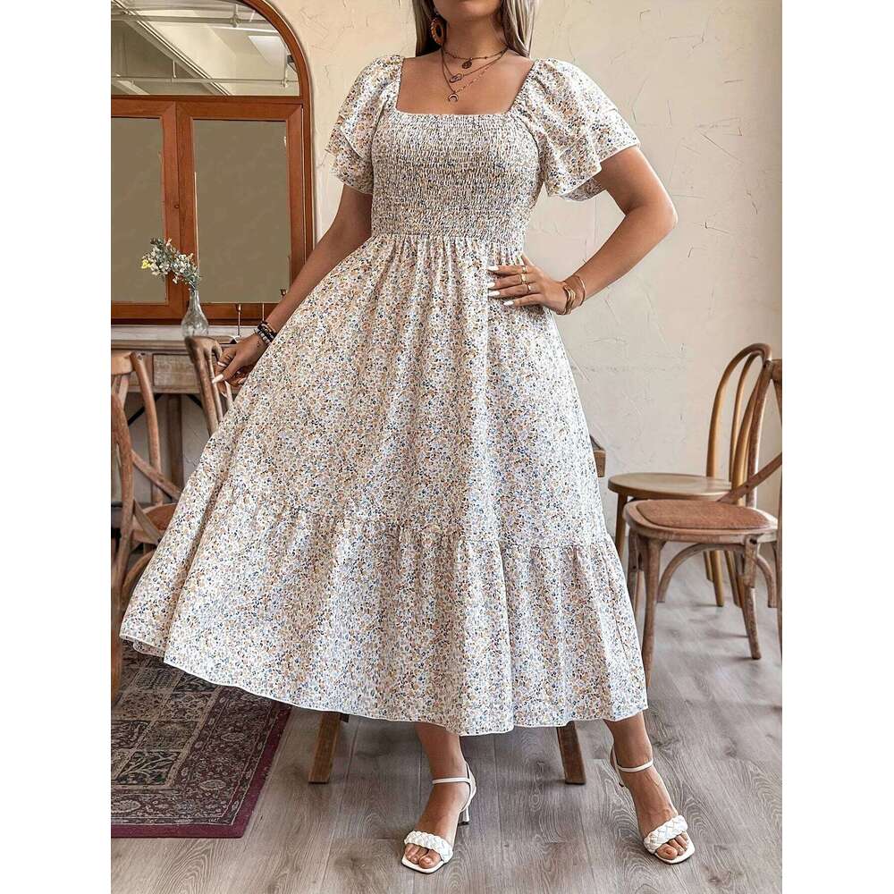 plus Size Romantic Floral Print Square Neck Elastic Waist A-Line Hem Sleeve Long for Women Holiday Casual Dress C260312