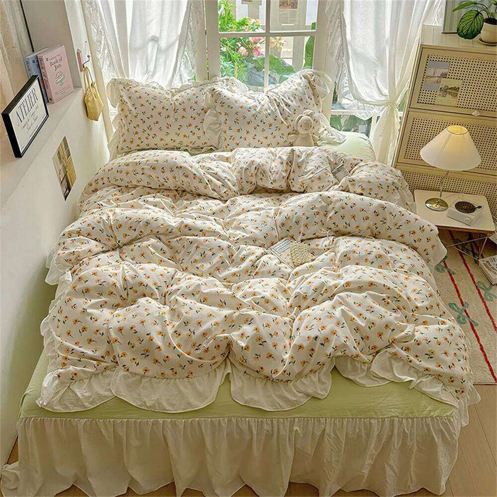 French Style Cute Girl Heart Four Set, Washed Cotton Bed Sheet Hat Student Duvet Cover Three Piece Set H260312