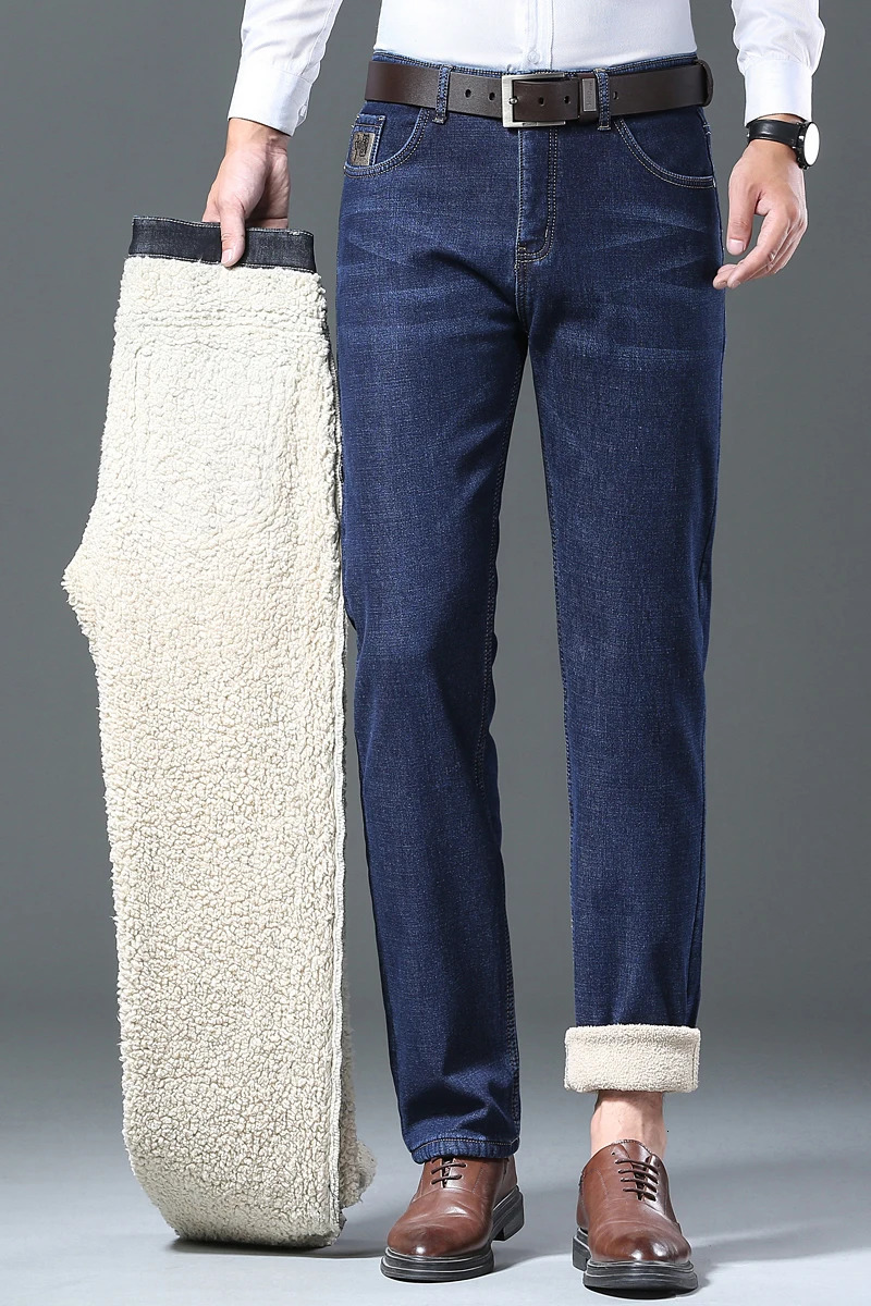 Winter Warm Mens Wool Velvet Jeans Thickened Fleece Slim Straight Denim Pants Business Casual Comfortable Thermal Male Trousers 260228