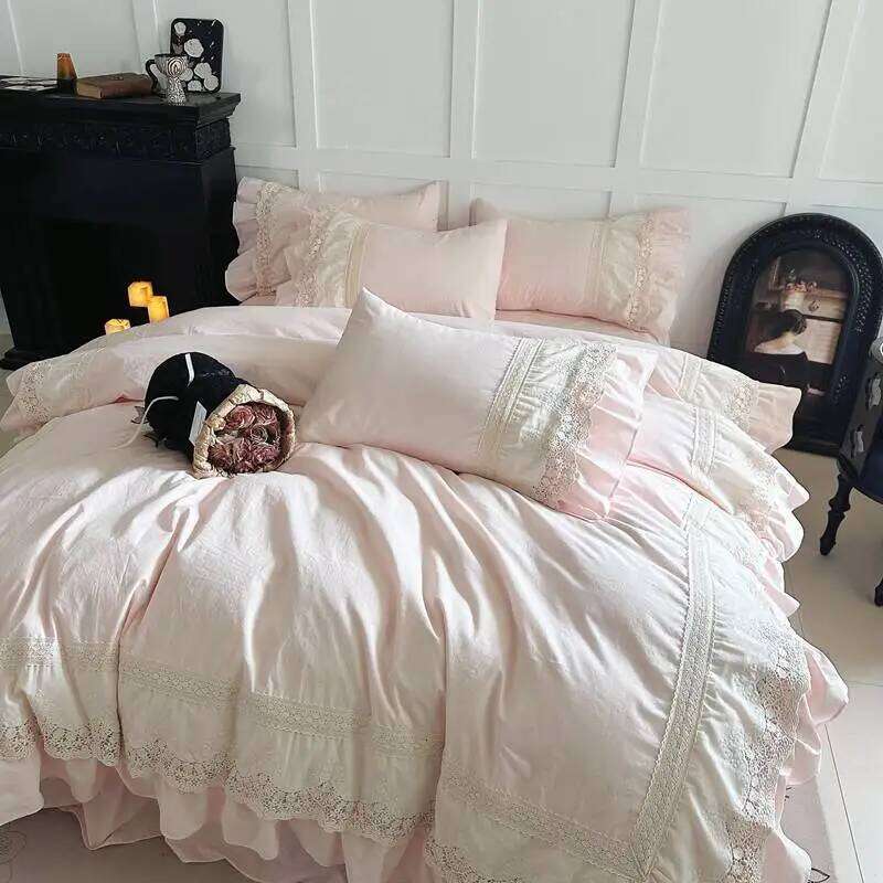 Pink Princess Wedding Lace Ruffles 100% Cotton Bedding Set Duvet Cover Bed Sheet/Bed Skirt/Fitted Sheet Pillowcases 4Pcs H260312