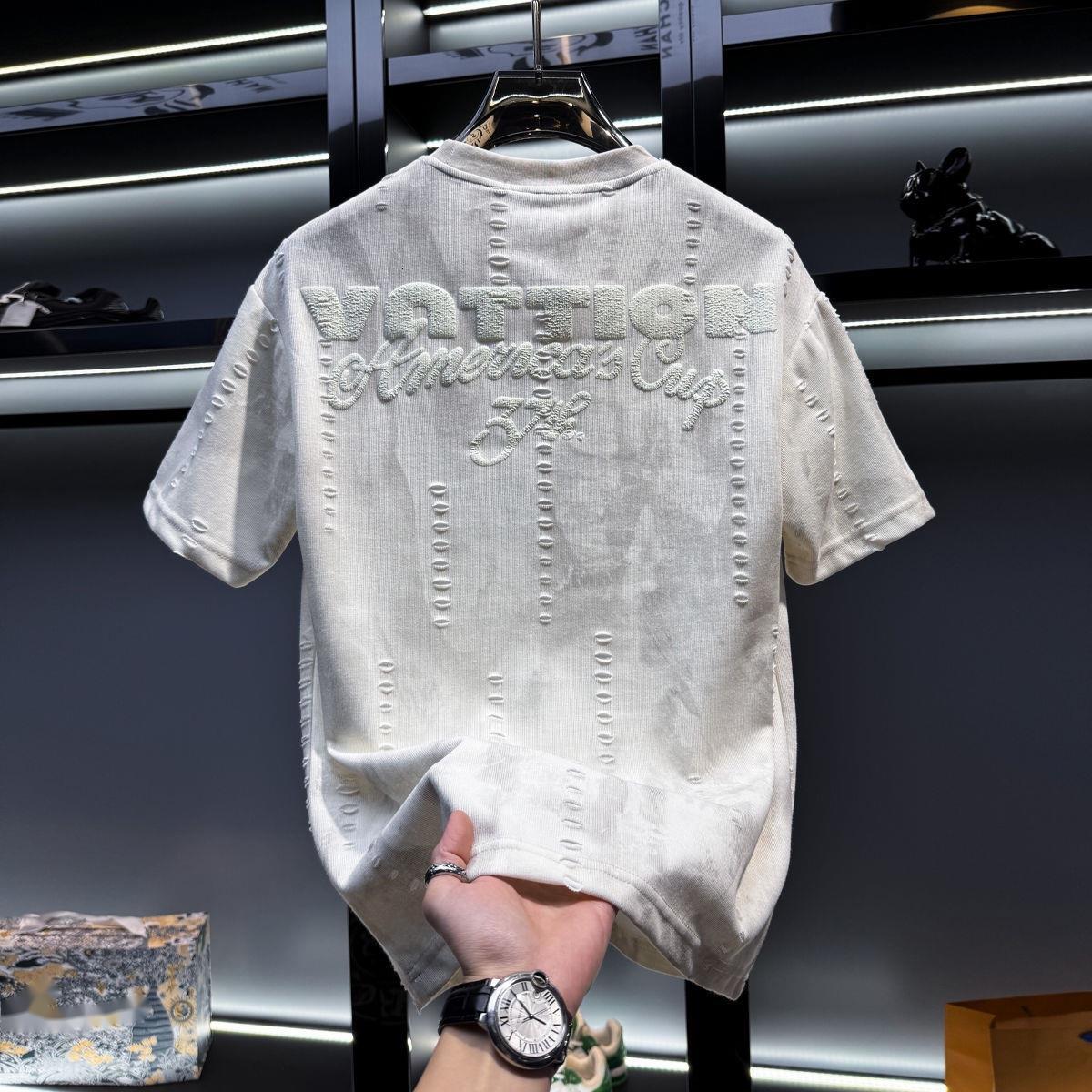 Luma hop European Men's High-End Design Sense Distressed Crew Neck Short T-Shirt Men 2025 New Trendy Brand Summer American Style Half Sleeve