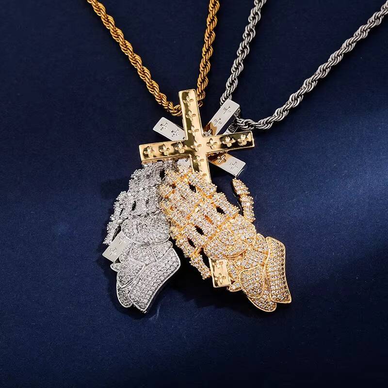 silverS925 Hip Hop Moissanite Crucifix Charm Necklace Praying Hand Cross Pendants Men Women Rapper Christian Fathers Day Gift
