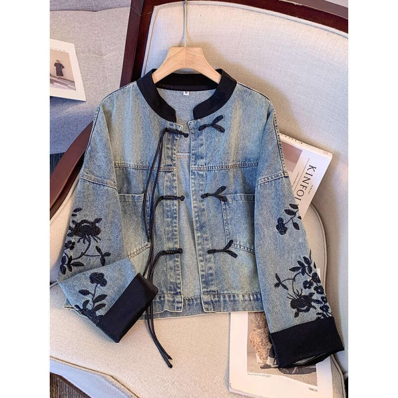 Mardi Hefxessdr New Chinese Style Stand Collar Denim Jackets 2026 Spring Embroidery Coat Women Y2k E-Girl Long Sleeve Loose Tops Mujer coat spring wom