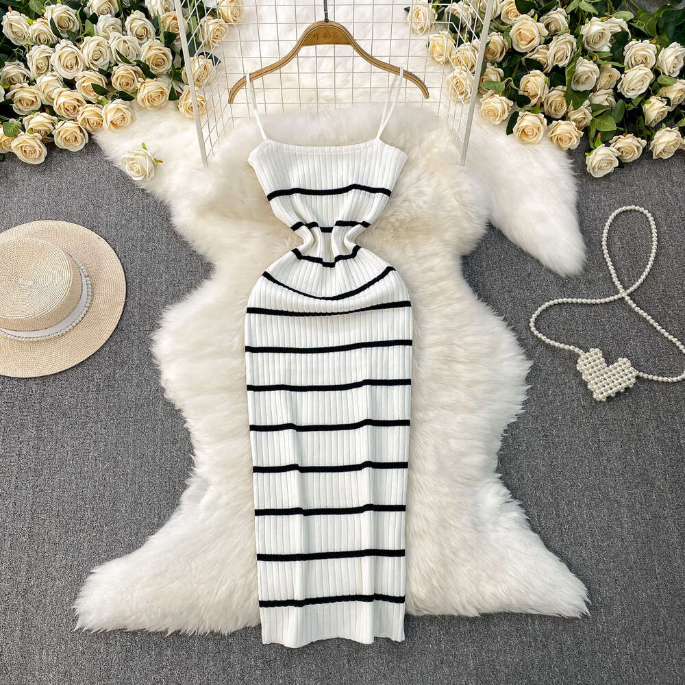 2026 European and American sexy backless camisole dress summer new elastic striped a22 knitted slim fit