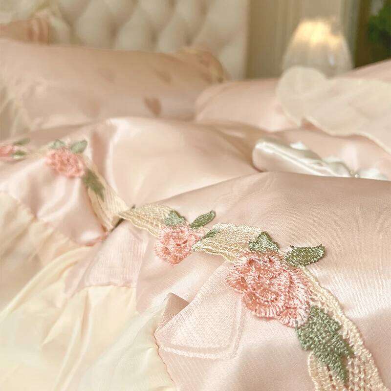 4Pcs Pure Cotton French Flowers Lace Ruffles Princess Wedding Bedding Set Duvet Cover Quilted Bedspread Bed Skirt Pillowcases H260312