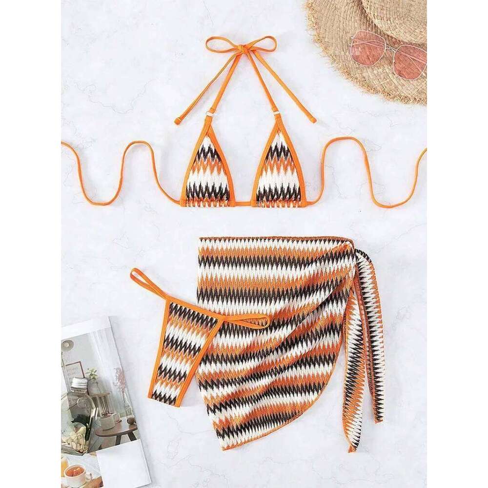 sexy orange striped micro mini bikinis sets three pieces women triangle push up bra and thong with skirt swimsuit Y260303