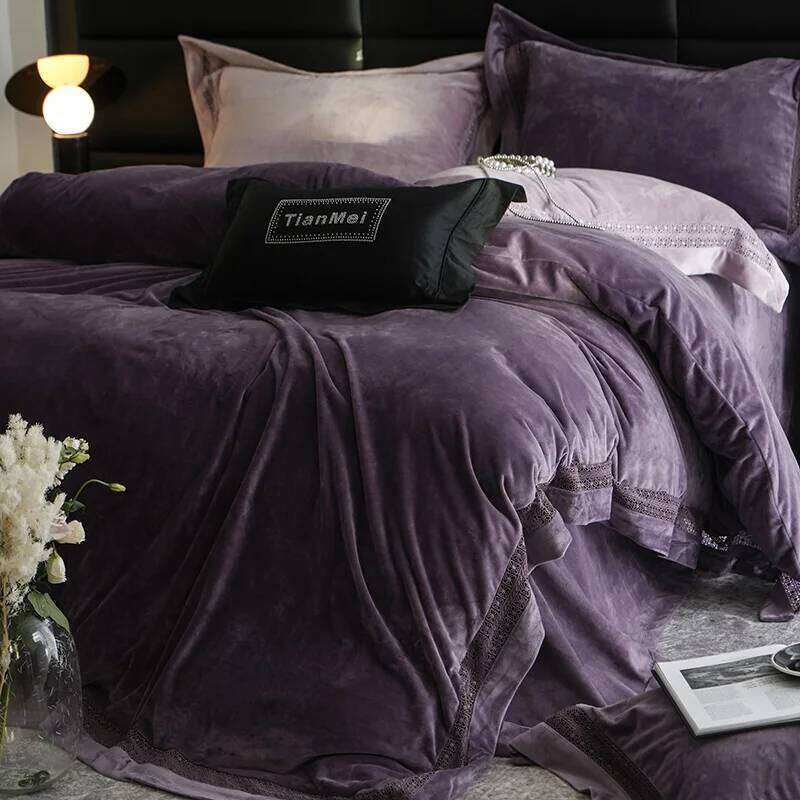 4Pcs Winter Thickened Milk Velvet Purple Bedding Hollow Wide Edge Duvet Cover Set Flat/Fitted Bed Sheet Pillowcases H260312