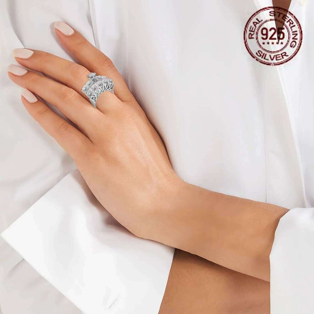 Luxury Plated Hollow Design Sparkling Zircon Women's 925 Sterling Silver Wedding Banquet Ring Set Fine Jewelry H260312