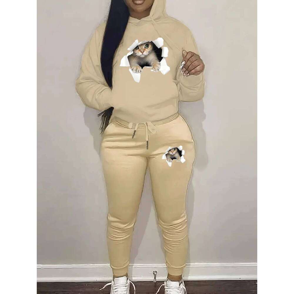 Women's Autumn/Winter Fashion Casual 3D Cat Pattern Printed Thick Warm Hoodie+Sports Pants Set C260312