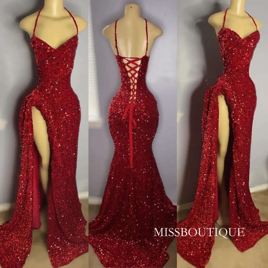 Sparkly Dark Red Prom Dress For Black Girl High Slit Halter Sleeveless Sequins Mermaid Evening Formal Birthday Gowns Robe De Soiree Custom Made J15 B0