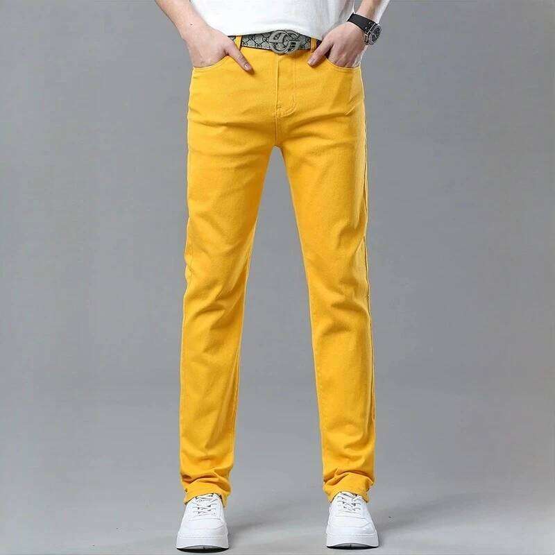Men's Colorful Stretch Jeans New Elastic Yellow Pink Red Slim Male Clothing Simple Business Denim Trousers 26Y0312