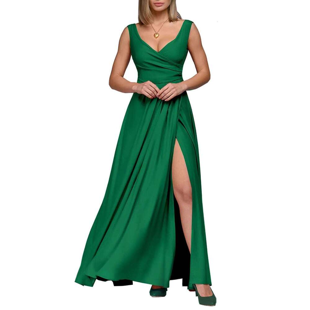 Women's 2025 Summer Solid Color Formal - Sleeveless Evening Gown with Waist Accent, Elegant Floor Length Bridesmaid Dress C260312